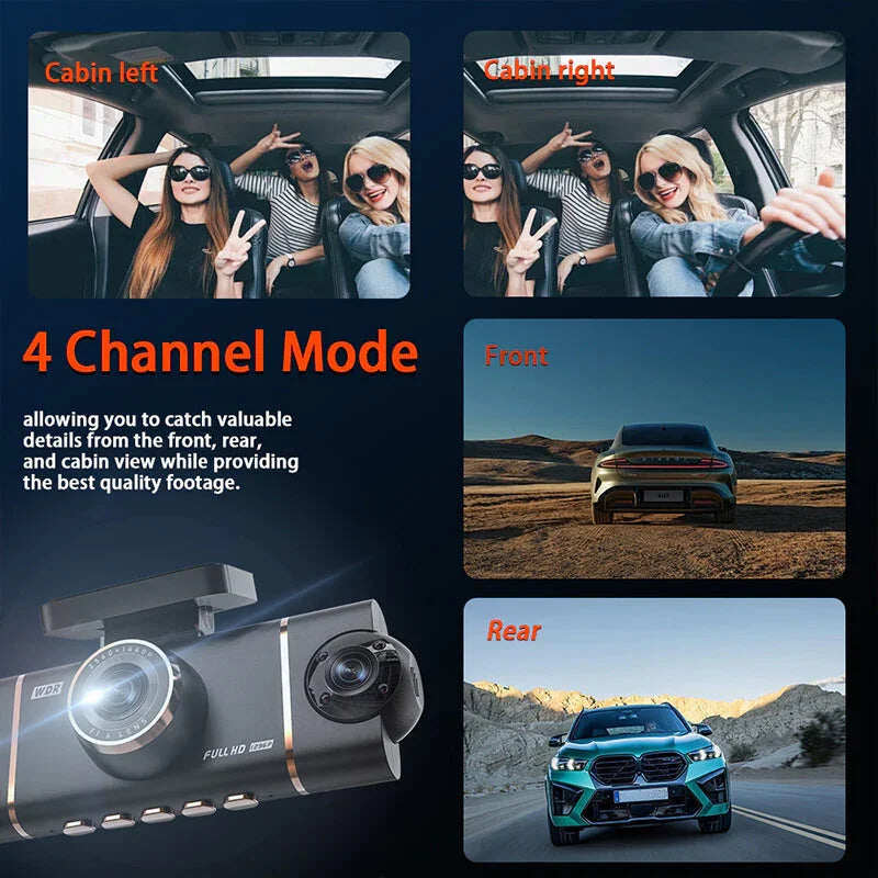 4-Channel HD Dashcam with Front Interior Rear Recording
