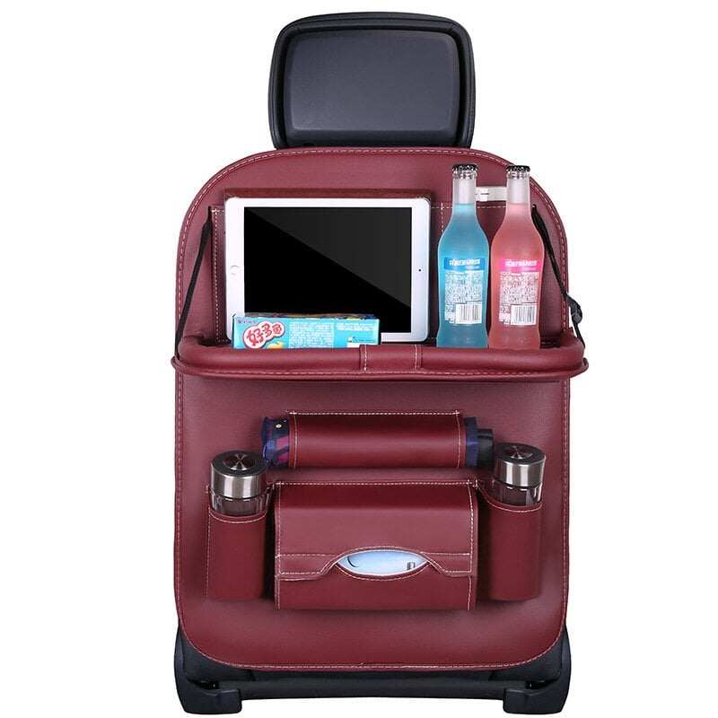 Car Back Seat Leather Organizer Storage Bag with Foldable Table