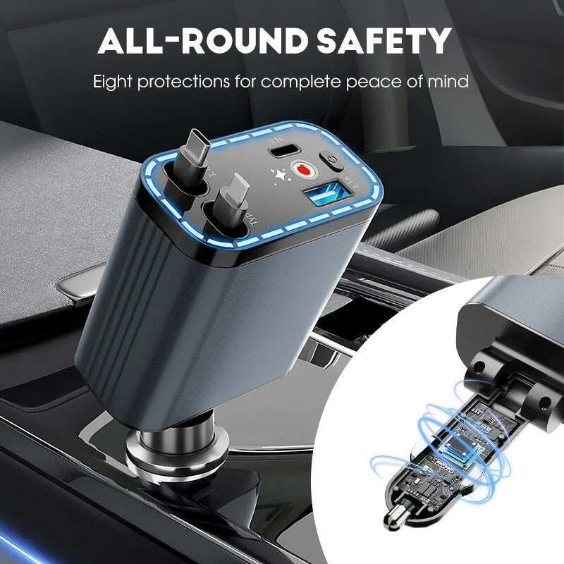 Ultra-fast 4-in-1 Car Charger 90W – With Retractable Cables & Ambient Starlight