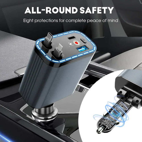 Ultra-fast 4-in-1 Car Charger 90W – With Retractable Cables & Ambient Starlight