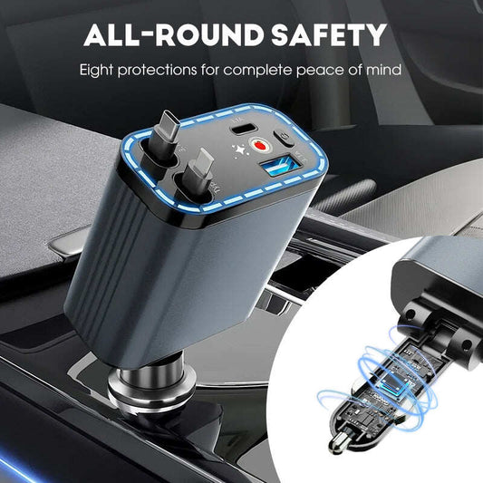Ultra-fast 4-in-1 Car Charger 90W – With Retractable Cables & Ambient Starlight