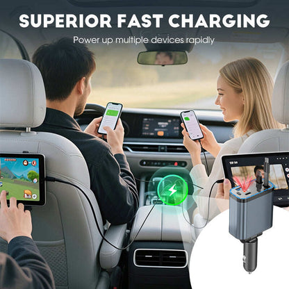 Ultra-fast 4-in-1 Car Charger 90W – With Retractable Cables & Ambient Starlight