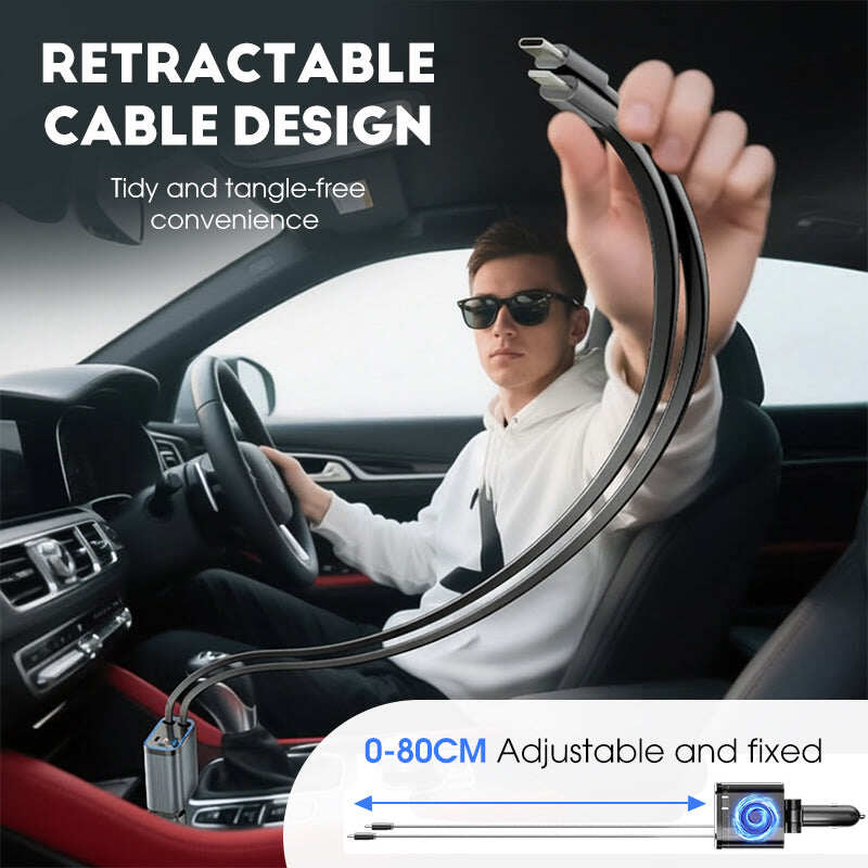 Ultra-fast 4-in-1 Car Charger 90W – With Retractable Cables & Ambient Starlight