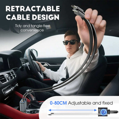 Ultra-fast 4-in-1 Car Charger 90W – With Retractable Cables & Ambient Starlight