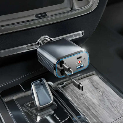 Ultra-fast 4-in-1 Car Charger 90W – With Retractable Cables & Ambient Starlight