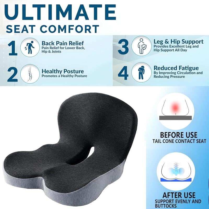 Non-Slip Memory Foam Seat Cushion – Sciatica Relief, Breathable Mesh & Universal Fit for Car, Office & Wheelchair