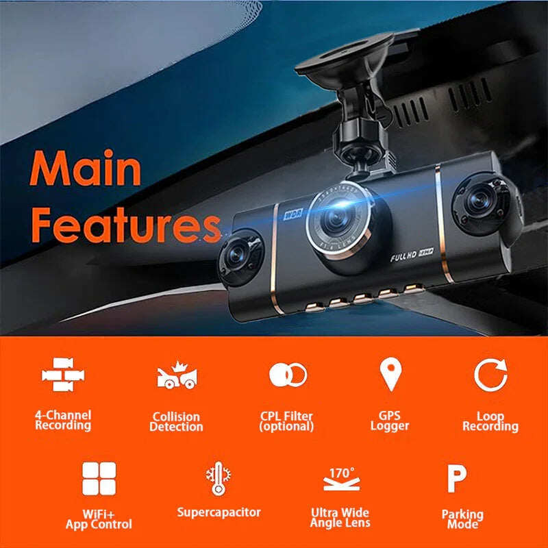 4-Channel HD Dashcam with Front Interior Rear Recording
